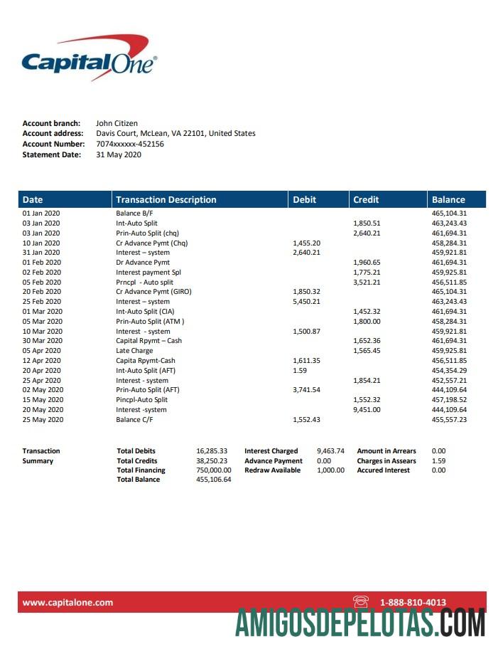 Modelo de extrato bancário USA Capital One para download, formato Word e PDF (.doc e .pdf)